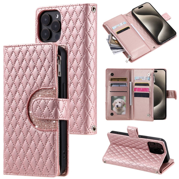 Glitter Lattice Zipper Wallet Leather Phone Case